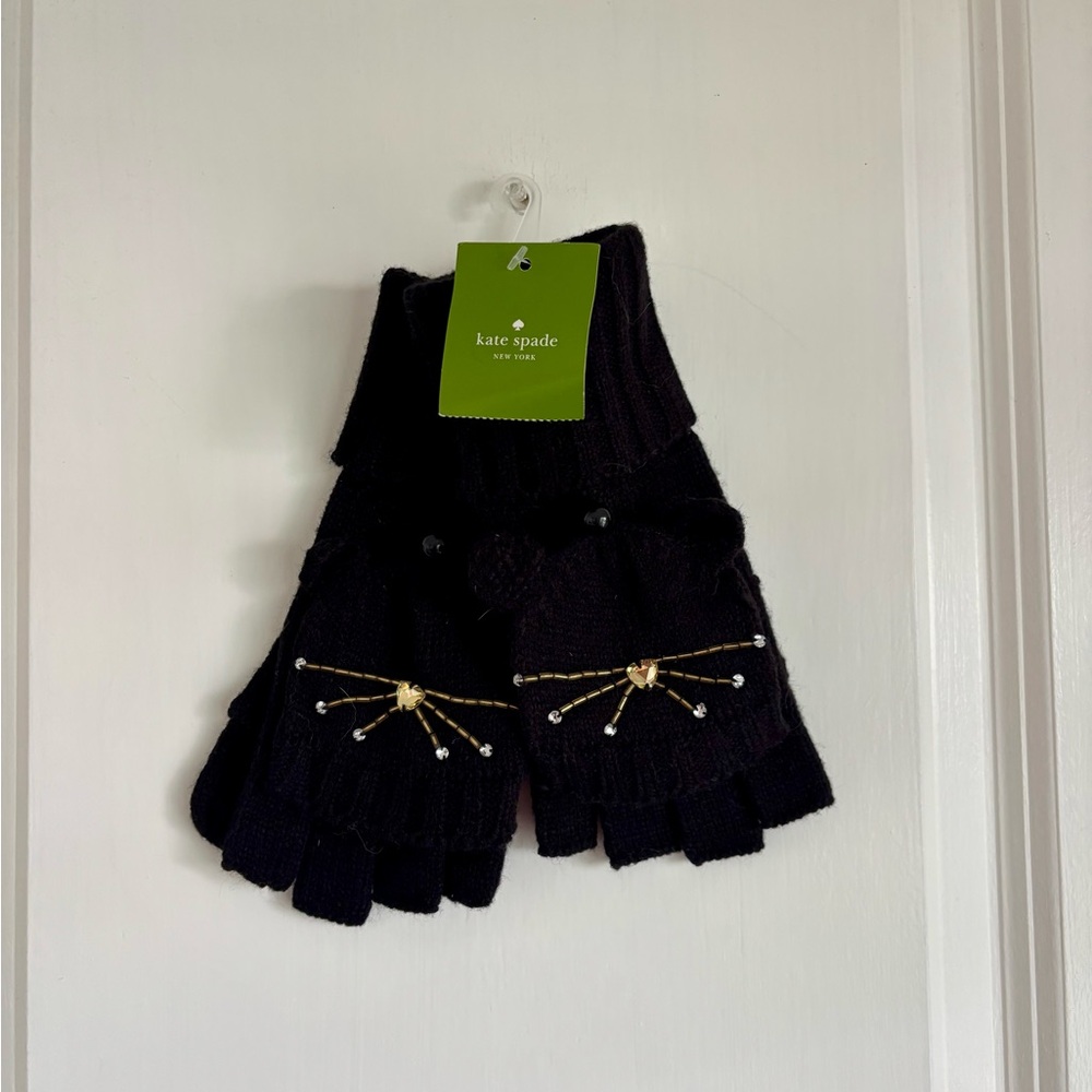 NWT Kate Spade New York Black Embellished Knit Mittens | Designer Winter Gloves